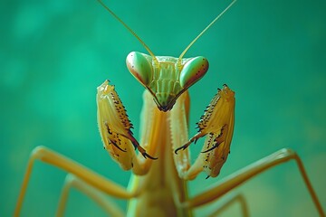 Praying Mantis Ready to Strike With Emerald Green Background