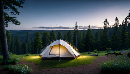 camping tent at the bottom of the image in front of a green forest at dusk at the top of the image, 