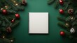 © Ivan - A blank notepad sits in the center of a rich green background, accented with Christmas ornaments, pine branches, and pine cones, perfect for jotting down holiday ideas or plans