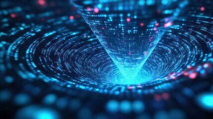Fototapete - Big data technology and information funnel concept. Large digital funnel with online data as process of data collection, analysis, and transformation into useful information. Modern, digital style.