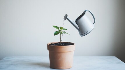 A young plant in a terracotta pot is gently watered with a metal watering can, representing growth, care, and sustainable indoor gardening practices.