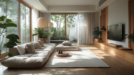 Wall Mural - Serene Minimalist Living Room With Garden View