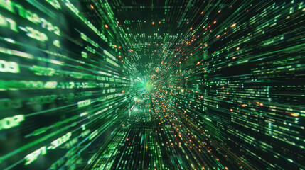 Poster - binary digital codes that rush to the center, creating the effect of movement in space or a cyber tunnel,.     