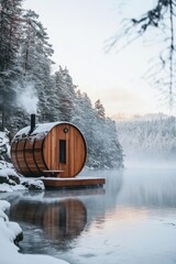 Wall Mural - Cozy Winter Scene with Wooden Barrel Sauna, Fire Pit, and Simmering Pot by a Frozen Lake