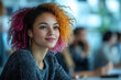 © Yurii Levko - Young woman with colorful hair smiling and looking away in office