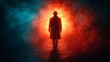 © Tyoma - A man in a hat is walking through a foggy, red and blue background