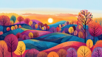 Wall Mural - Vibrant autumn landscape with colorful trees and a setting sun over rolling hills