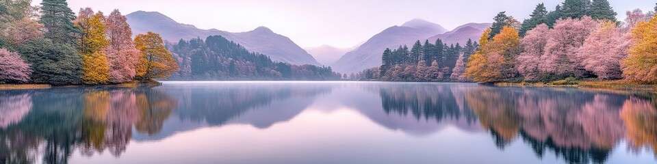 Wall Mural - Breathtaking Autumn Lake Reflection with Vibrant Forest and Majestic Mountains at Sunrise in Tranquil Nature Setting for Perfect Landscape Photography Enthusiasts