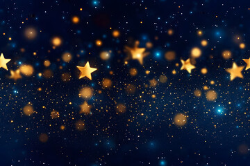 Wall Mural - christmas and new year banner with gold stars with shimmering bokeh lights on dark blue background. 