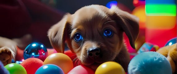 Wall Mural - A close up of a playful puppy with bright eyes surrounded by colorful toys