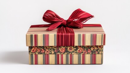 Decorative striped gift box with red ribbon and bow on white background for festive occasions and celebrations