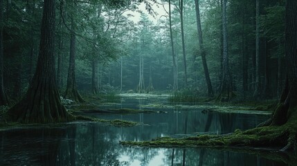 Poster - Serene swamp landscape showcasing moss-covered trees reflected in still waters surrounded by lush greenery