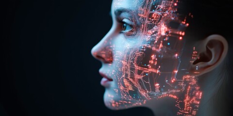 Poster - a woman's face is projected onto a black background with a glowing, futuristic look. concept of tech