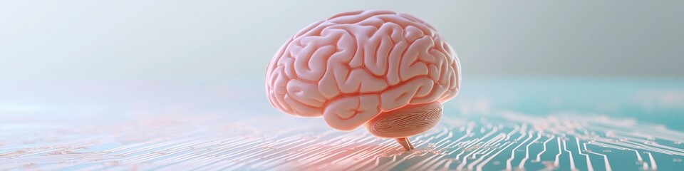 Poster - a pink brain is on a blue surface. the brain is surrounded by a grid of lines, giving it a futuristi