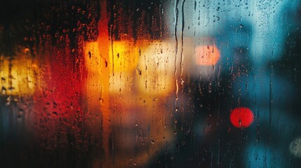Poster - Raindrops on a window with vibrant urban lights blurred in the background creating a moody atmospheric scene.