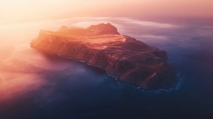 Poster - Serene aerial view of a tranquil island at sunset featuring soft dreamy colors and ample copy space for design elements or text