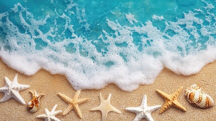 Poster - serene beach scene with clear blue water and sandy shore adorned with seashells and starfish for cre