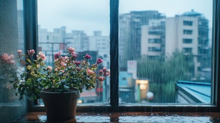 Poster - rainy cityscape view through a wet window with blooming flowers in a pot capturing a serene urban at
