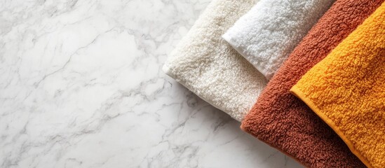 Poster - Neatly folded warm colored hand towels on marble surface creating an elegant space perfect for promotional text or branding elements