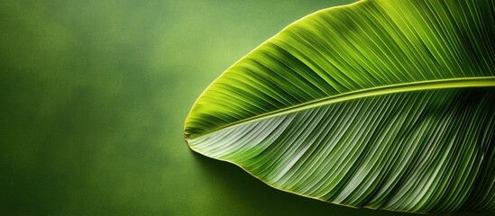 Poster - Tropical palm leaf on lush green background with ample space for text or graphics in a serene natural setting