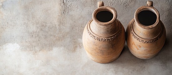 Poster - top view of two rustic clay jugs ideal for decorative plant use featuring a textured background with