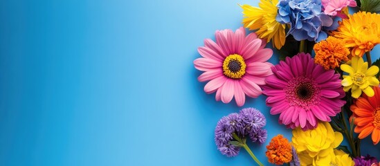 Poster - Colorful floral arrangement with vibrant blue pink yellow and purple flowers on a bright blue background for text placement or graphic design