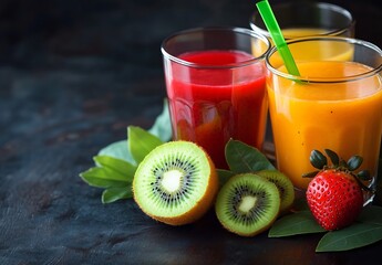 Refreshing Fruit Smoothies: Kiwi, Strawberry & Orange Juice in Glasses