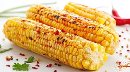Poster - Corn on the Cob with Spices and Chili Pepper against White Background for Culinary and Food Related Content