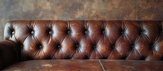 Wall Mural - Elegant worn brown leather tufted couch against a textured background with ample space for text or branding placement.