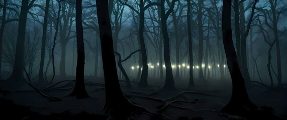 Wall Mural - a chilling image of a dark foggy forest with gnarled trees and eerie shadows invoking a sense of dre