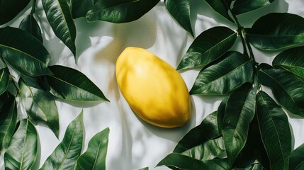 Poster - Ripe yellow mango surrounded by vibrant green leaves on a clean white background showcasing freshness and natural beauty.