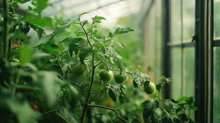 Wall Mural - Ripening green tomatoes on a vine thriving in a lush garden greenhouse with sunlight filtering through the glass windows