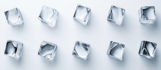 Poster - Refreshing assortment of ice cubes on white background ideal for beverage ads and summer promotions with ample space for text.
