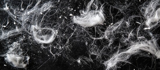 Poster - scattered cleaning lint on black background with ample empty space for text or design elements