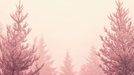 Poster - Soft Pastel Conifers in Winter Fog with Copy Space for Greeting Cards and Postcards Ideal for Seasonal Designs and Backgrounds