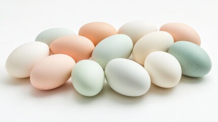 Wall Mural - Pastel colored eggs in soft hues arranged neatly on a white background ideal for spring and holiday decoration concepts