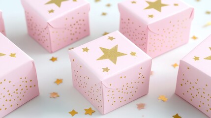 Poster - Delicate pink gift boxes adorned with gold stars and confetti on a clean white background for festive celebrations and special occasions.