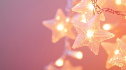 Poster - pink fairy lights in star shapes illuminating a soft pastel background for a whimsical and enchantin