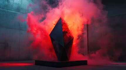 Poster - Dynamic black sculpture with vibrant red smoke effect creating an atmospheric and visually striking art installation scene.
