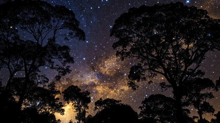 Celestial Canopy: Night Sky over Silhouetted Trees