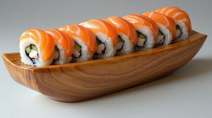 Sticker - Delicious salmon sushi rolls arranged neatly on a white plate for a culinary delight experience