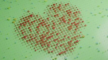 Poster - Looping 3d animation of multiple letters and symbols above a green surface. The text LOVE and heart is formed - a symbol of love and the holiday of lovers. Animation for Valentine's Day.