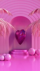 Poster - Vertical 3d animation for Valentine's Day. In a pink studio with pink palm trees, a heart rotates above the stage, a symbol of love and fidelity. Loop animation of the holiday.