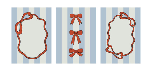 Set of posters with red hand drawn bow frames on striped backgrounds. Vector illustration of ribbon bowknots. Vintage greeting card templates