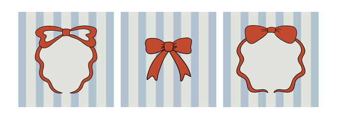 Set of red hand drawn bows on striped backgrounds. Vector illustration of bowknot ribbon frames. Vintage greeting card templates