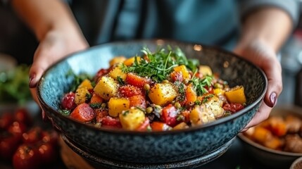 Wall Mural - Fresh vegetable salad featuring colorful tomatoes, cucumbers, and herbs in a deep bowl