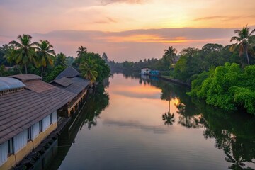 Poster - Tranquil Sunset Reflects on a Peaceful Kerala Village Canal. Generative AI