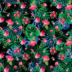 Wall Mural - Fairytale rainforest. Seamless pattern with flowers and tropical leaves. 
