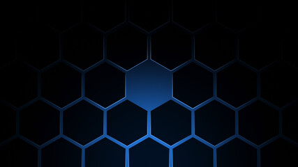 Poster - Black hexagon grid pattern on blue background, bright light coming from below. Technology, connection and data concept. High resolution full frame abstract and modern background with copy space.