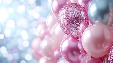 Wall Mural - pink and silver balloons some with glitter fill the frame with a light background.